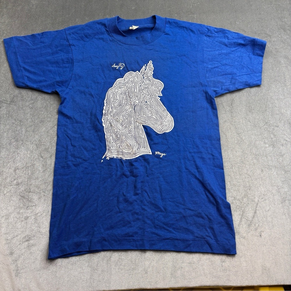 VTG Screen Stars Blue Graphic T-Shirt Horse Maze Men's Small